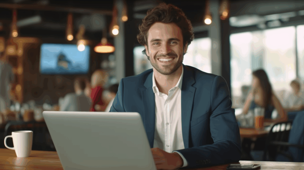 Businessmann mit Laptop grinst vor der Kamera